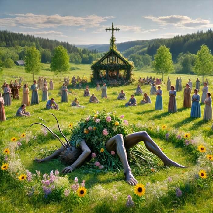 3ª Lugar / Inspirado en Midsommar de Ari Aster: En un paisaje verde y brillante, una figura similar a Gregor Samsa yace en medio de un claro, su cuerpo convertido en insecto, rodeado de flores que cubren su deformidad. La comunidad lo observa desde lejos, con una calma inquietante. Aunque el escenario es de celebración, hay una sensación subyacente de terror y sacrificio, como si la transformación de Gregor fuera un rito inevitable. La luz diurna amplifica el horror de la metamorfosis, donde la alienación se combina con la desconexión ritual de la sociedad.